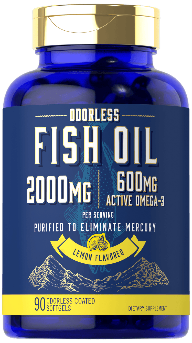 Carlyle Odorless Fish Oil 2000mg bottle on a hand scale, includes 90 odorless coated softgels for daily health benefits.