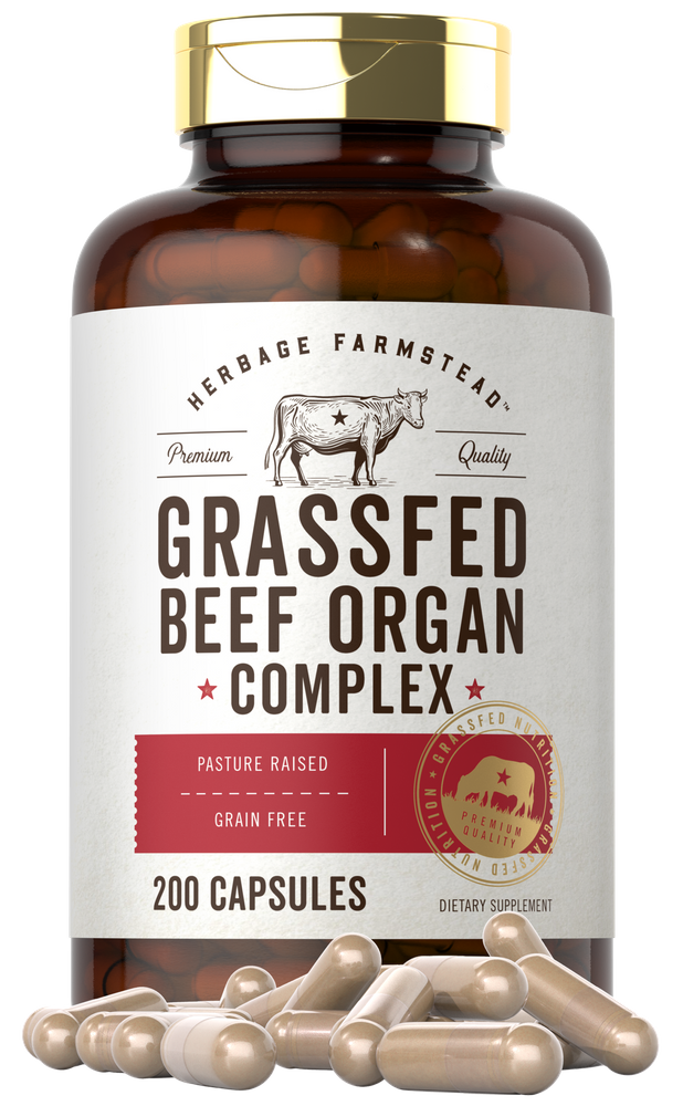 200 tan capsules from Herbage Farmstead, featuring Grassfed Beef Organ Complex, displayed on a bulk scale.