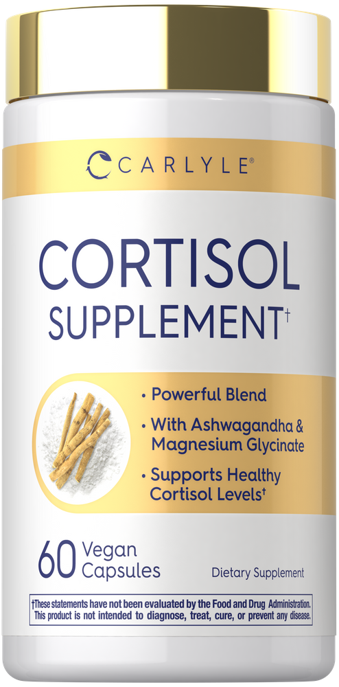 A scale weighing a bottle of cortisol supplement containing 60 vegan capsules.
