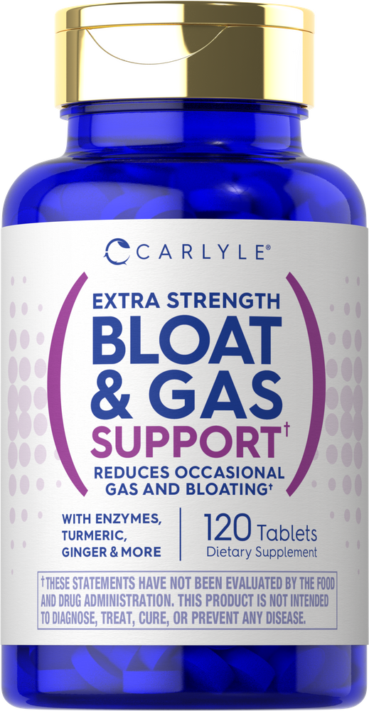 Carlyle Bloat & Gas Support bottle with 120 tablets shown on a scale.