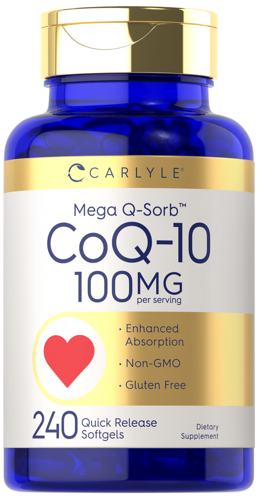 Carlyle Mega Q-Sorb CoQ-10 supplement with 100 MG per serving, in a bottle containing 240 quick release softgels.