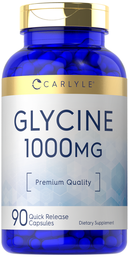 Hand holding Glycine 1000 MG bottle with 90 quick-release capsules visible.