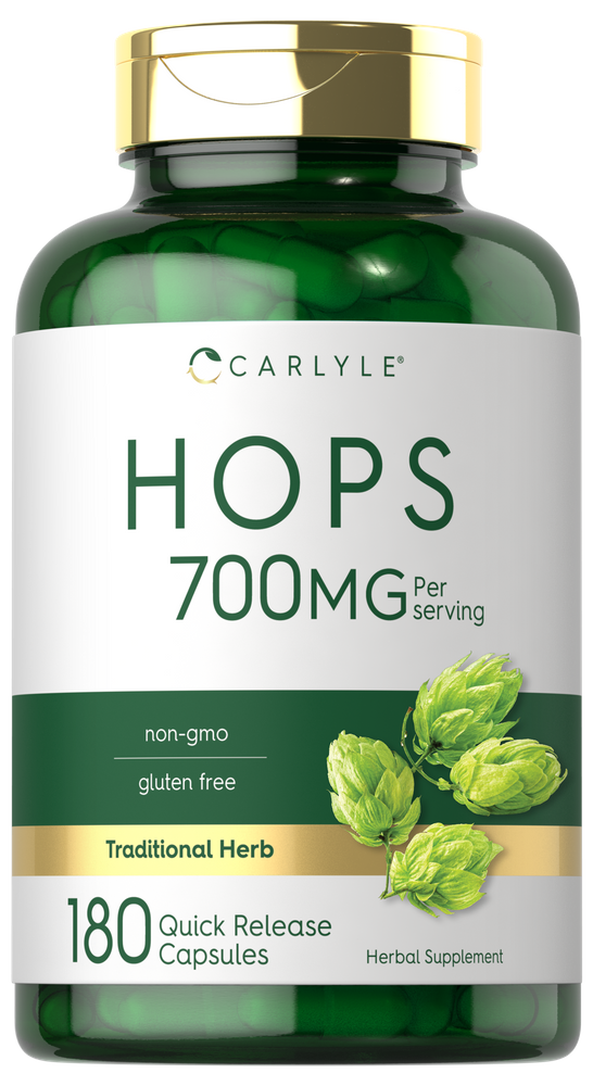 Hops 700mg quick release capsules, 180 count, displayed on a hand scale.