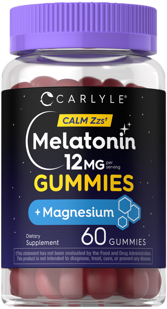 A bottle of Carlyle CL Melatonin 12mg with Magnesium, containing 60 gummies, displayed against a hand-scale backdrop.