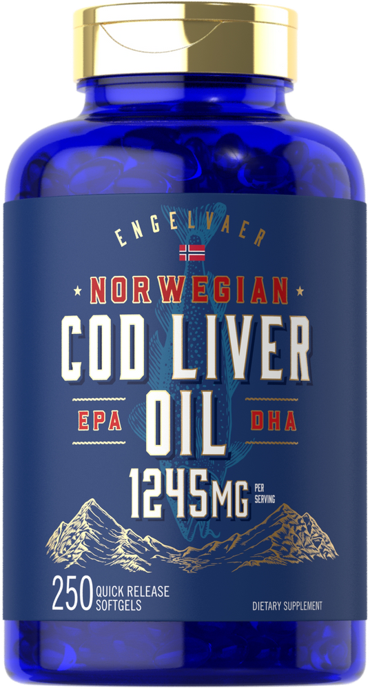 Hand holds a container of Norwegian Cod Liver Oil 1245mg with 250 quick release softgels.