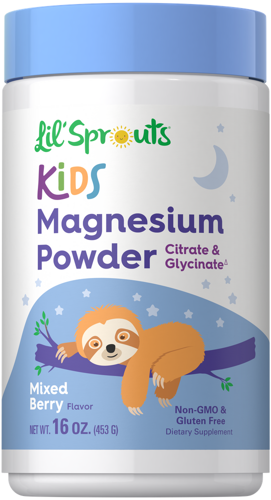Hand holding Lil' Sprouts Kids Magnesium Powder, 16 OZ (453 G), emphasizing size and packaging for better understanding.