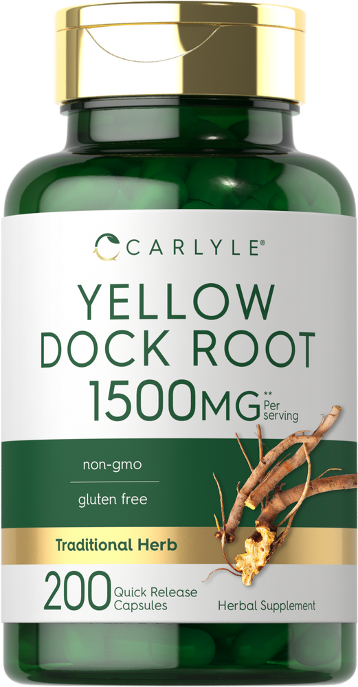 A hand holding a 200-count bottle of Yellow Dock Root 1500mg Quick Release Capsules.