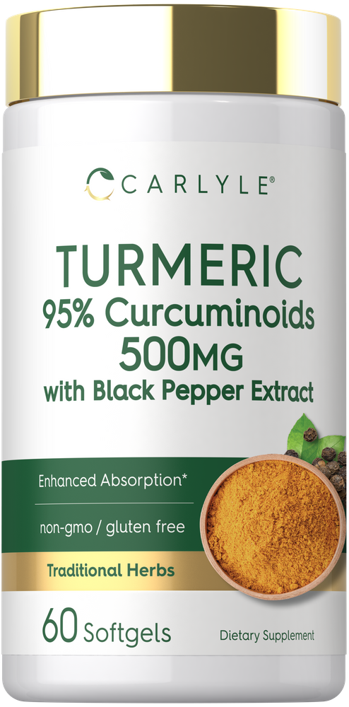 Turmeric 95% Curcuminoids 500mg softgels with Black Pepper Extract, 60 count, shown on a hand scale for size reference.