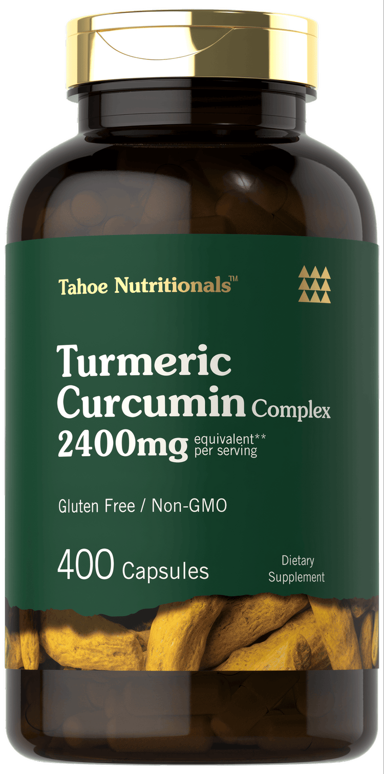 Turmeric Curcumin Complex 400 Capsules label shows a graphic of raw turmeric roots.