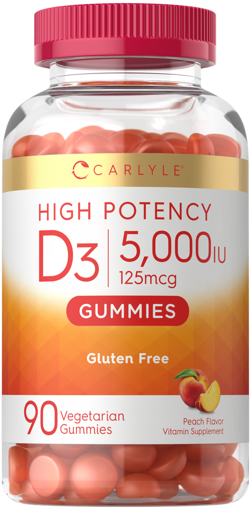 High Potency D3 5,000 IU 125mcg Peach Flavor, 90 Vegetarian Gummies, Gluten Free.