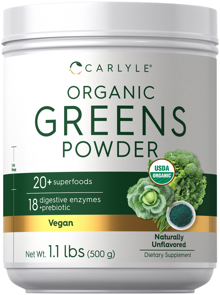 A container of organic greens powder weighing 1.1 lbs (500 g).