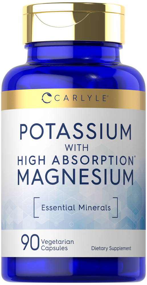 Potassium and highly absorbable magnesium in a bottle of 90 vegetarian capsules, shown on a bulk scale for measurement.