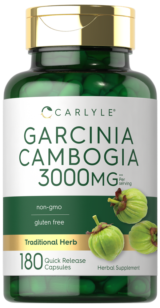 A hand holding a bottle of Carlyle Garcinia Cambogia 3000 mg Quick Release Capsules, suitable for weight management support.