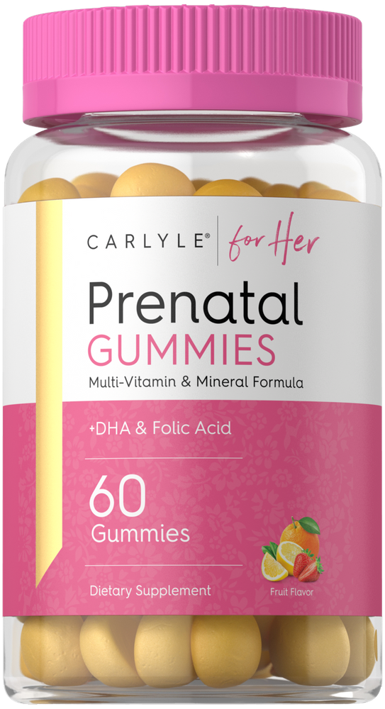 Carlyle for Her Prenatal Gummies in a clear jar containing 60 yellow, dome-shaped gummies.