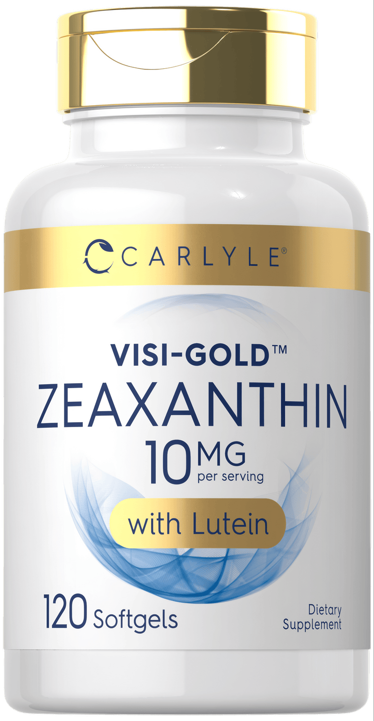 Carlyle Visi-Gold Zeaxanthin 10 mg with Lutein softgels, 120 count bottle on hand scale.