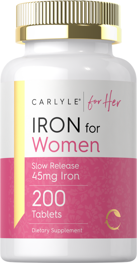 Carlyle Iron Complex for Women with 45mg of slow-release iron, available in a bulk pack of 200 tablets.