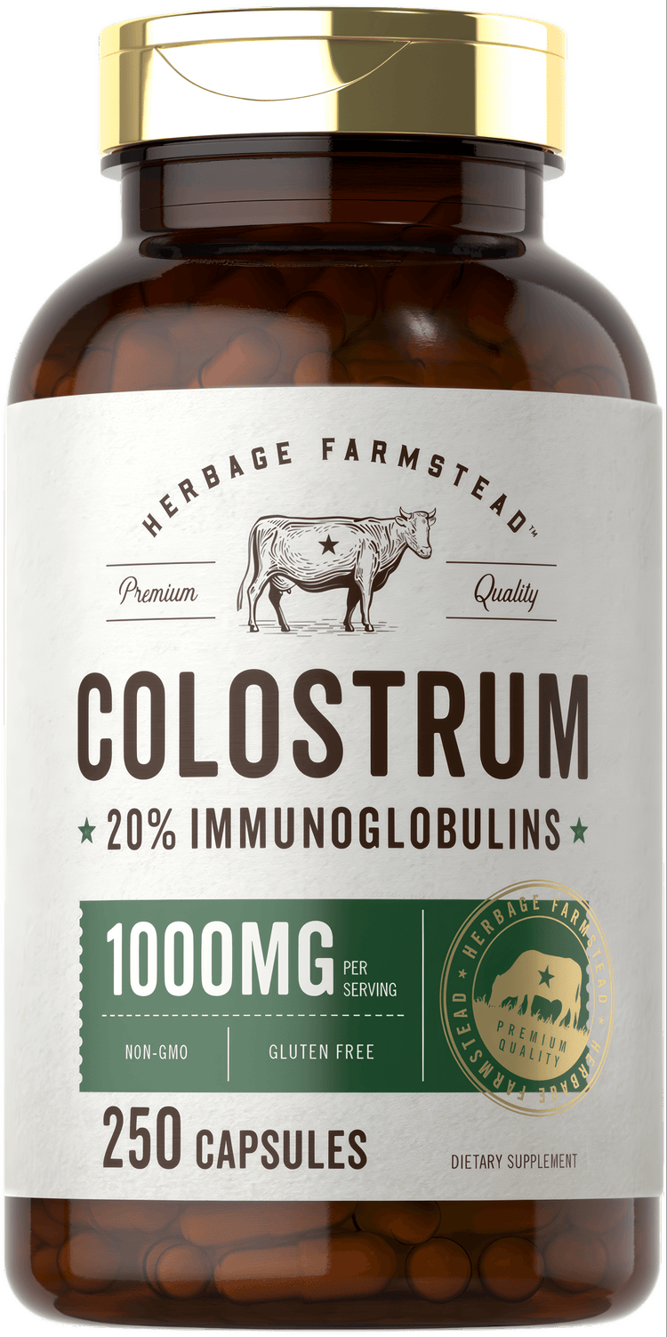 Hand holding a scale showing Colostrum 1000 mg bottle with 250 capsules.