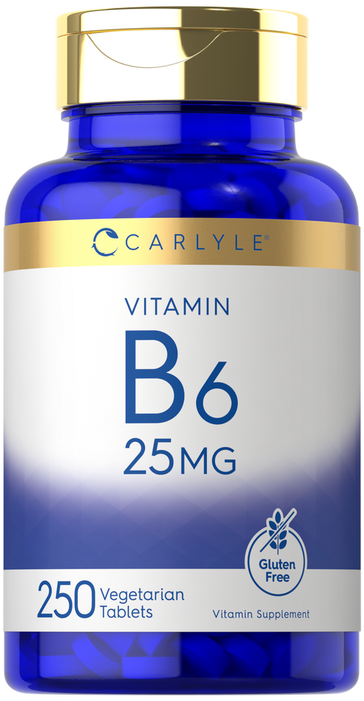 Bottle of Carlyle Vitamin B6, 25 mg, containing 250 vegetarian tablets, shown on a hand for scale in a bulk quantity image.