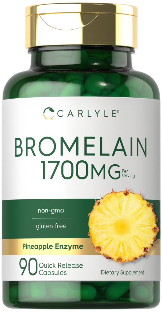 Carlyle Bromelain 1700mg Quick Release Capsules, 90 count in a hand for scale.