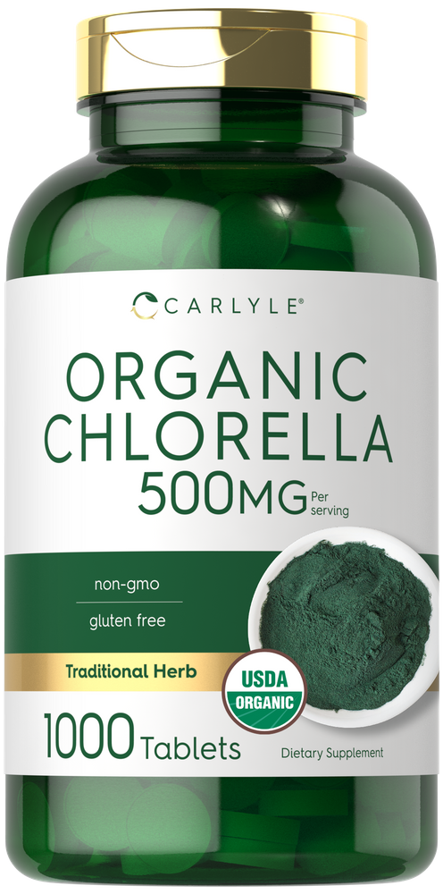 Bottle containing 1000 Organic Chlorella 500mg tablets.