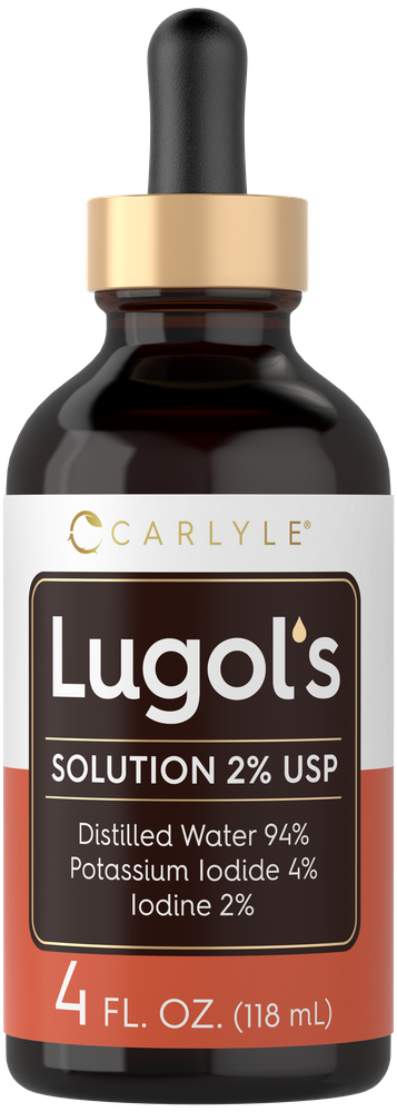 Carlyle Lugol's Solution 2% USP dropper bottle displayed on hand, 4 FL. OZ. (118 mL).