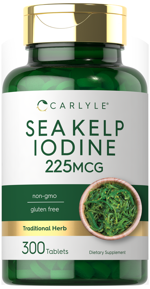 Carlyle Sea Kelp Iodine 225 mcg, 300 tablets, held in hand for scale demonstration.