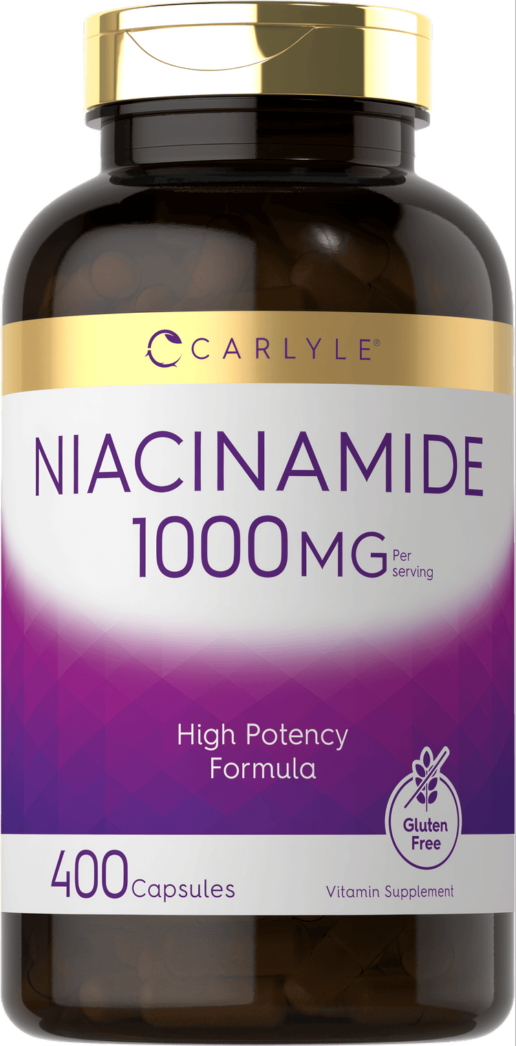 A hand holding a bottle of niacinamide capsules, 1000 mg strength, containing 400 capsules, displayed for bulk purchase.