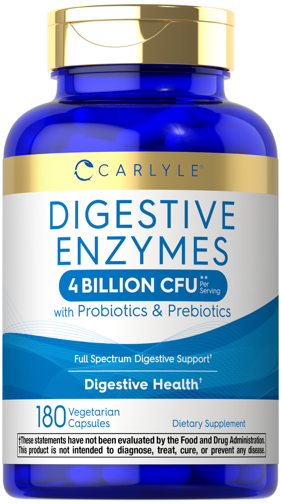 Carlyle Digestive Enzymes with Probiotics in a 180 Vegetarian Capsules bottle displayed on hand.