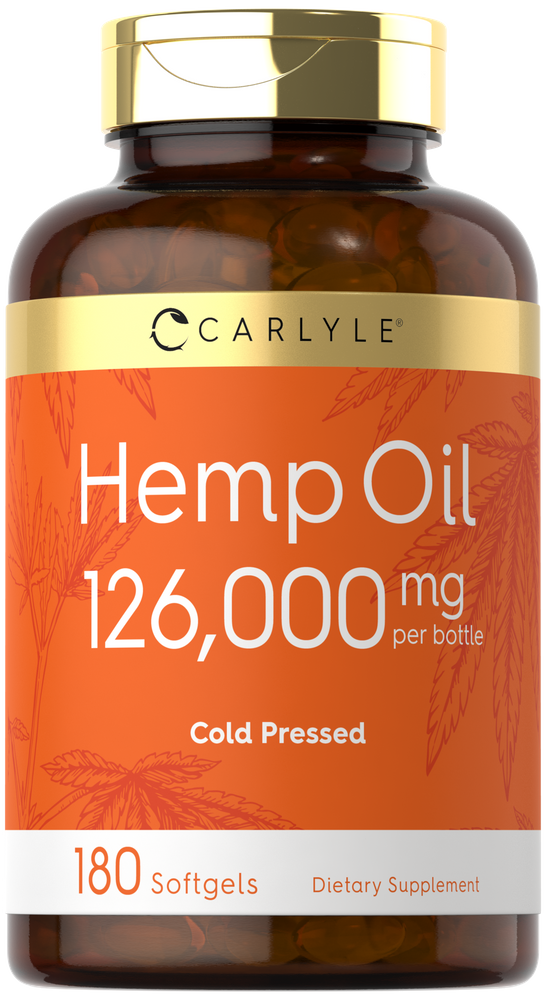 A bottle of Hemp Oil with 126,000 mg, containing 180 softgels. Ideal for wellness support.