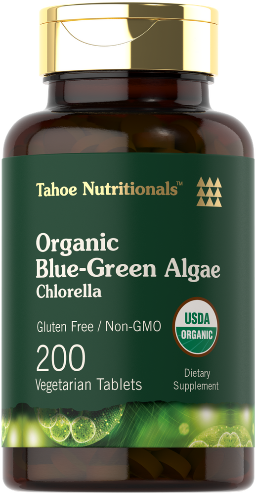 Tahoe Nutritionals Organic Blue Green Algae Chlorella in 200 vegetarian tablets on hand scale.