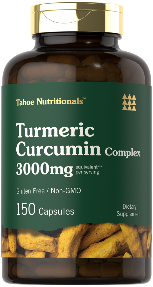 A hand holding a bottle of Turmeric Curcumin Complex, containing 3000mg per serving, 150 capsules total.