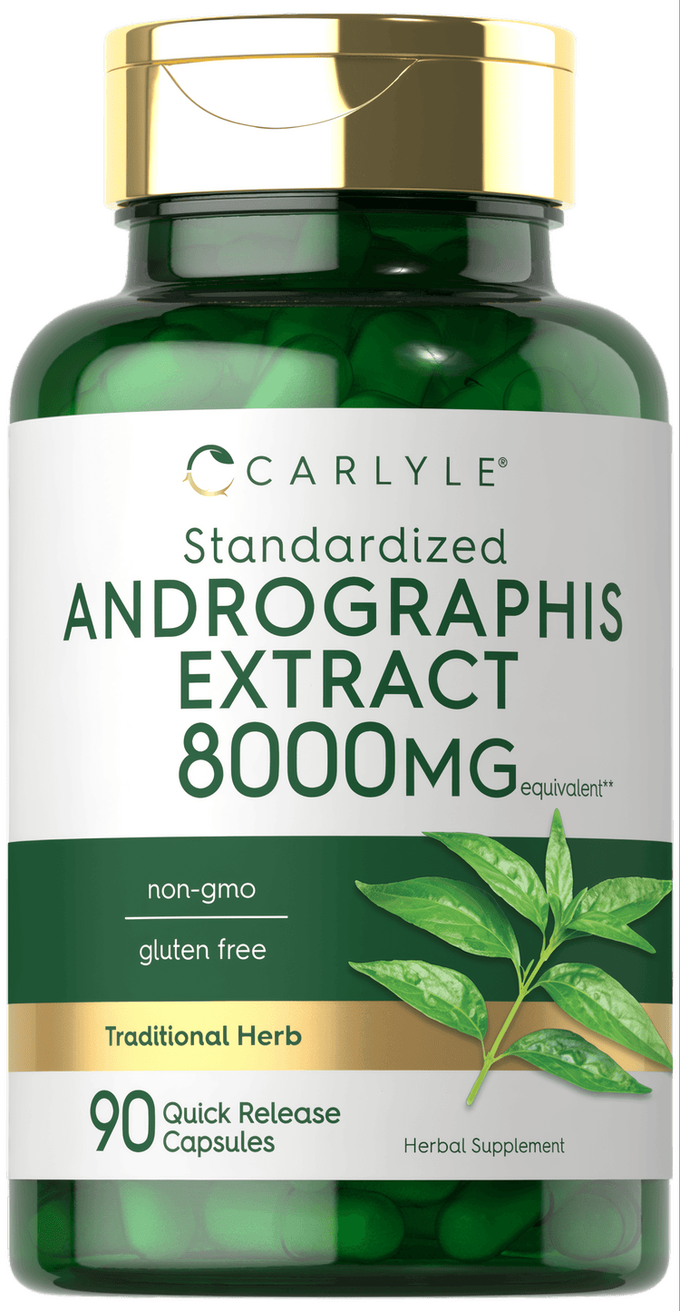 Andrographis Extract 8000MG equivalent, 90 Quick Release Capsules, shown on a hand scale for size comparison.