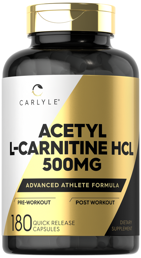 Bottle of Carlyle Acetyl-L Carnitine HCL 500MG containing 180 quick-release capsules.