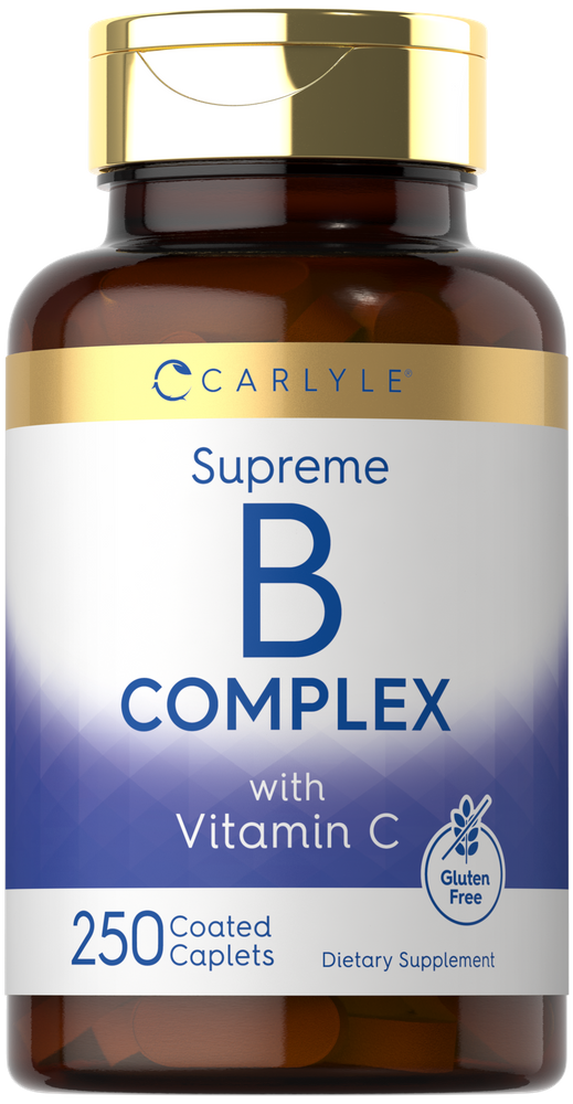 Carlyle Supreme B Complex with Vitamin C, 250 coated caplets, on a hand scale.