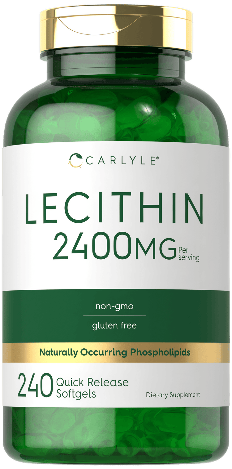 Carlyle Lecithin 2400 mg per serving, 240 Quick Release Softgels shown on bulk scale.