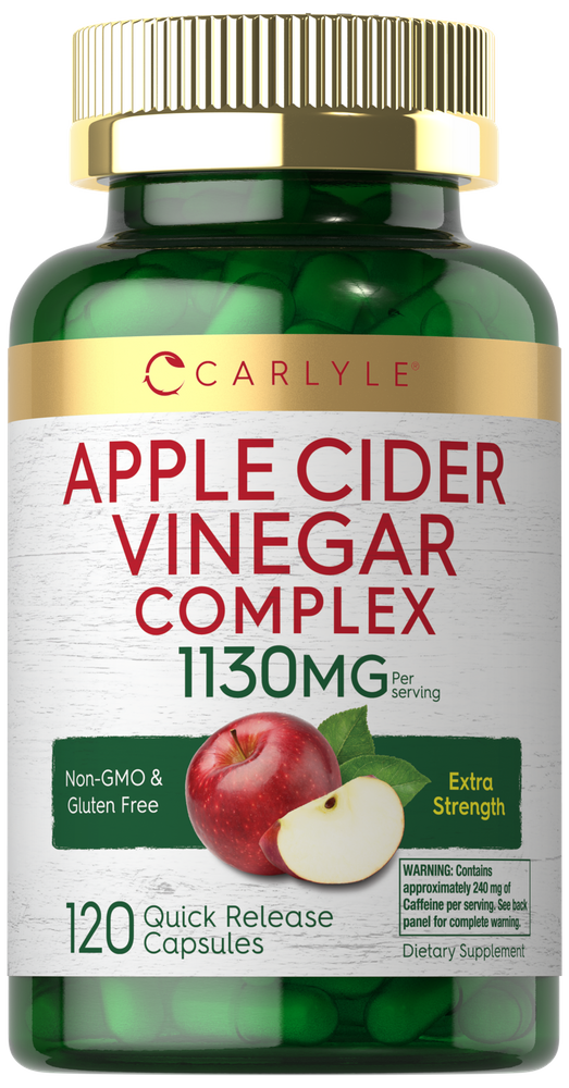 Carlyle Apple Cider Vinegar Complex: Green quick-release capsules, 1130MG per serving, shown on hand scale.