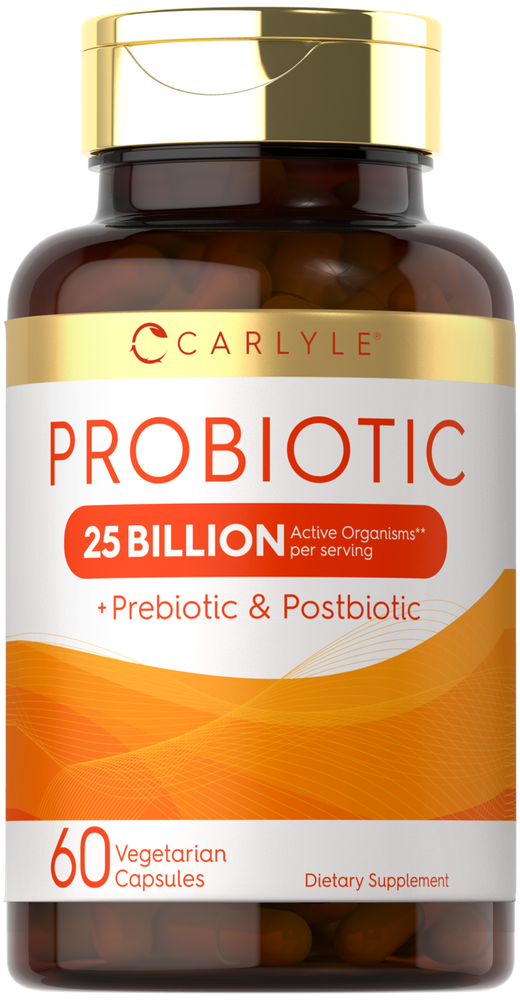 Hand holding a bottle of CLPrebiotic & Probiotic 25 with 60 vegetarian capsules.