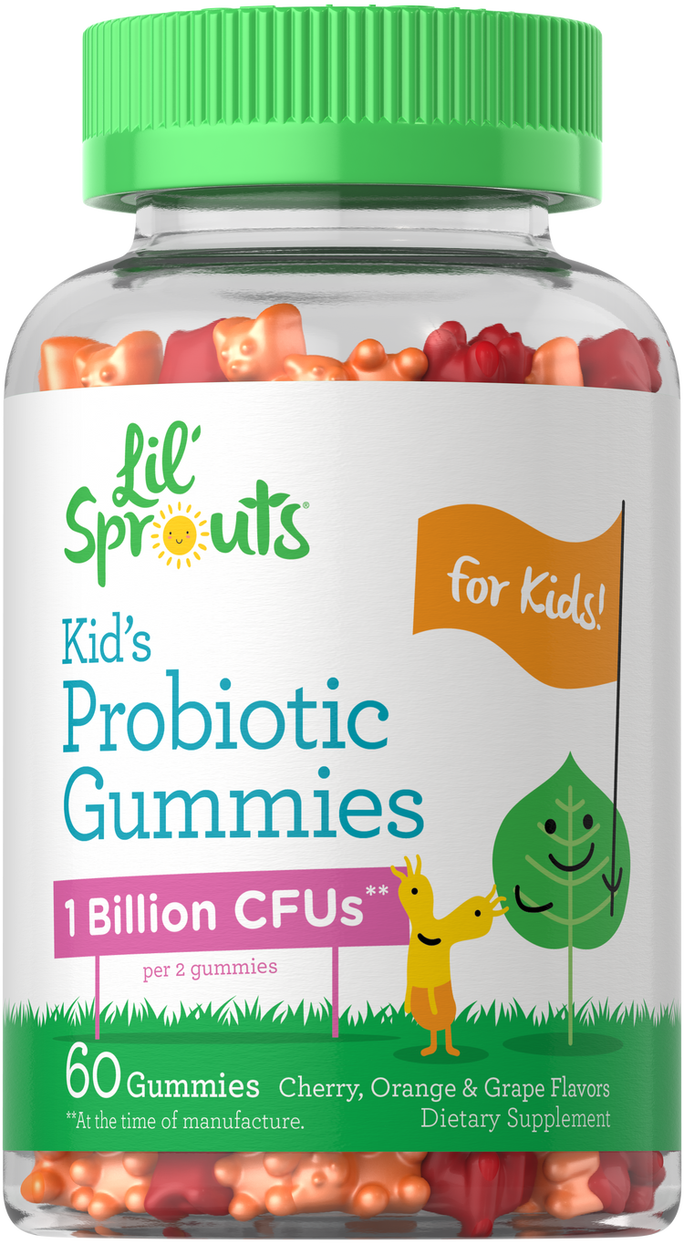 Lil' Sprouts Kid's Probiotic Gummies offer 1 Billion CFUs per 2 gummies in 60 cherry, orange, and grape flavors.
