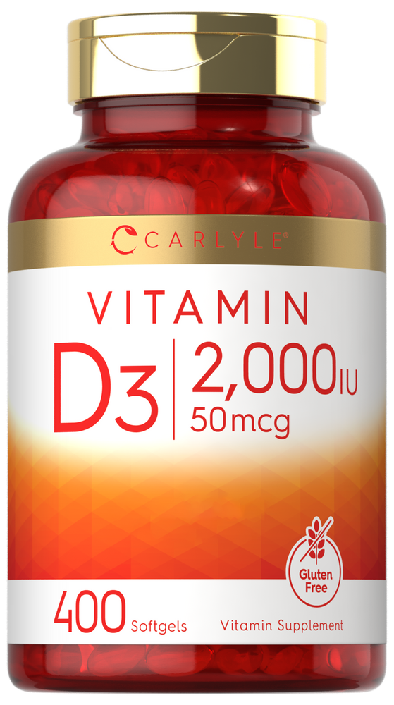 Hand holding a bottle of Vitamin D3 softgels, each providing 2,000 IU (50mcg) for health and wellness.