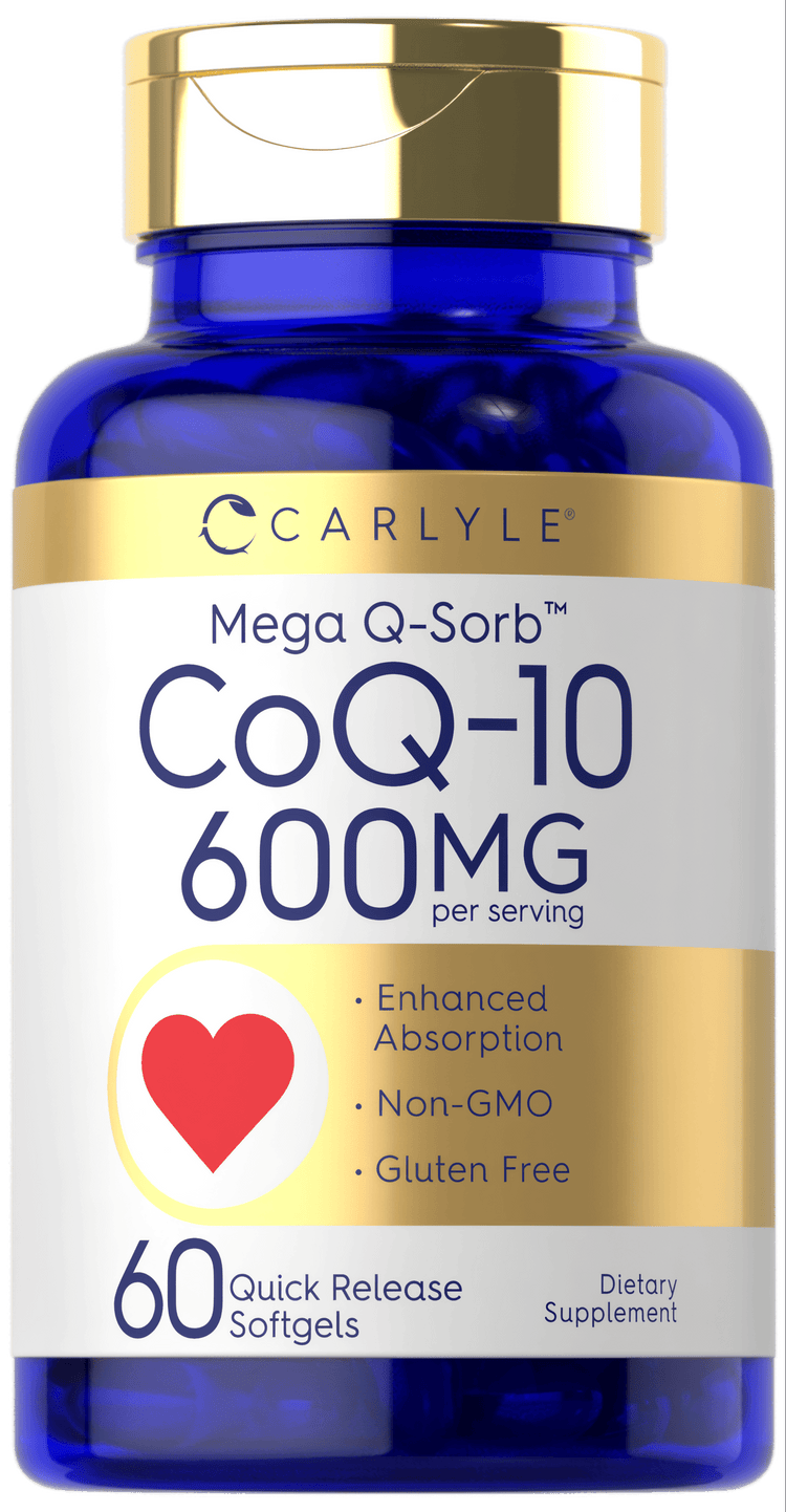 Hand holding a Mega Q-Sorb CoQ-10 600MG quick release softgel, demonstrating the product size and scale for clarity.