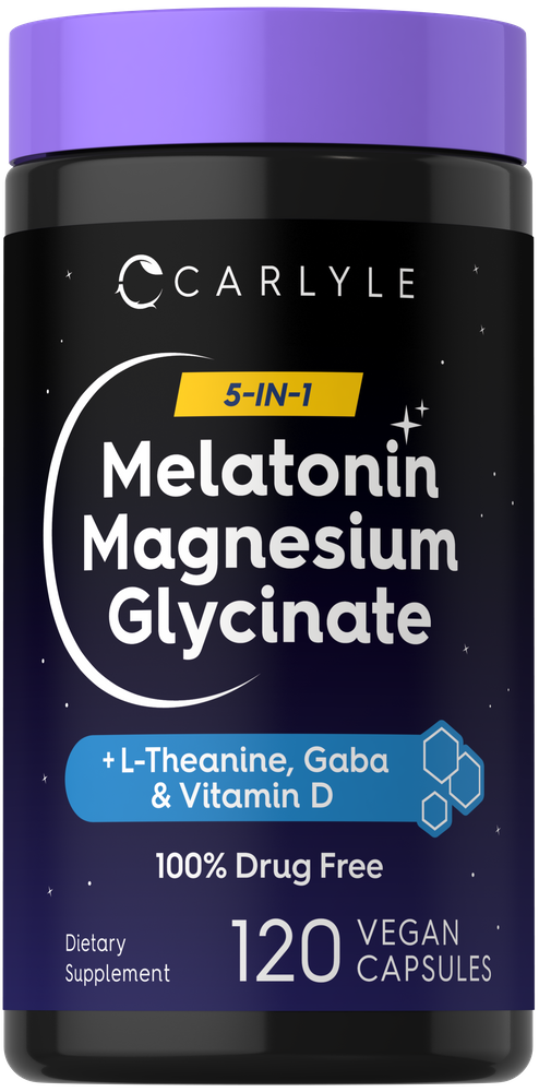 A bottle of Melatonin Magnesium Glycinate 5-IN-1 with 120 vegan capsules displayed on a hand for size reference.