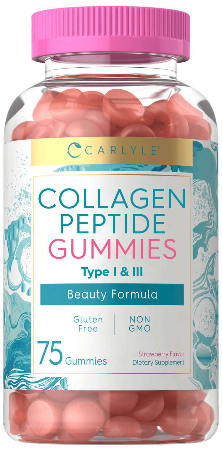 Carlyle Collagen Peptide Gummies with Type I & III, 75 strawberry-flavored gummies in a clear bottle.