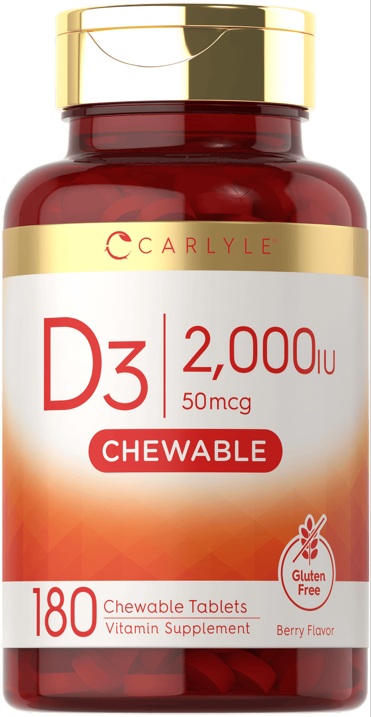 Carlyle Vitamin D3 2,000 IU 50mcg bottle with 180 chewable tablets, shown on hand scale for bulk quantity display.