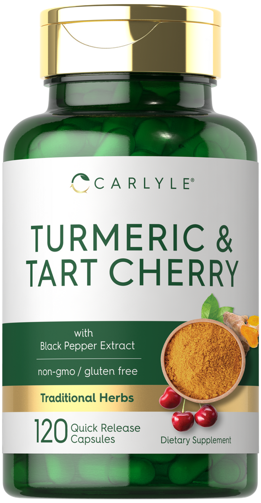 Hand holding a bottle of Turmeric & Tart Cherry, showing 120 green Quick Release Capsules.
