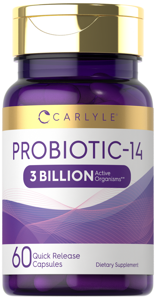 Hand holding a scale with 60 purple Quick Release Capsules for Probiotic-14, 3 Billion Active Organisms.