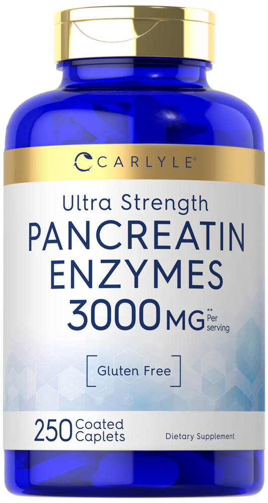 Bottle of Ultra Strength Pancreatin Enzymes 3000 MG containing 250 coated caplets, displayed on a hand scale.