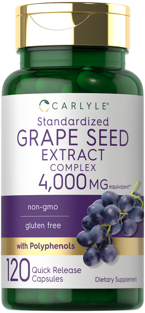 Green Carlyle Grapeseed 4000 Complex Quick Release Capsules, 4,000 MG equivalent, shown next to a hand for scale.