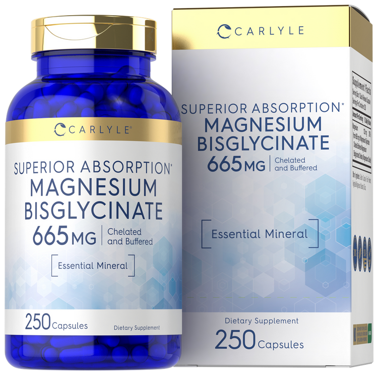 Magnesium Bisglycinate 665 mg, 250 capsules shown with a hand for size comparison.