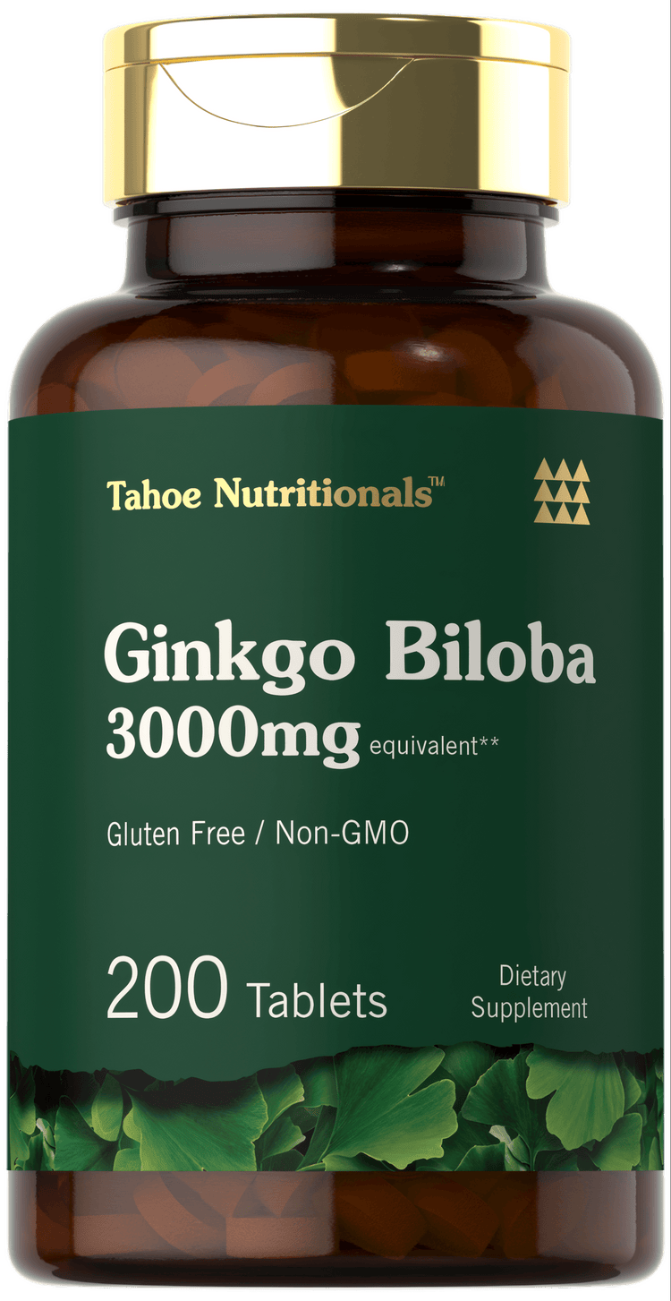 Hand holding a bottle of Tahoe Nutritionals Ginkgo Biloba 3000mg equivalent, containing 200 tablets.