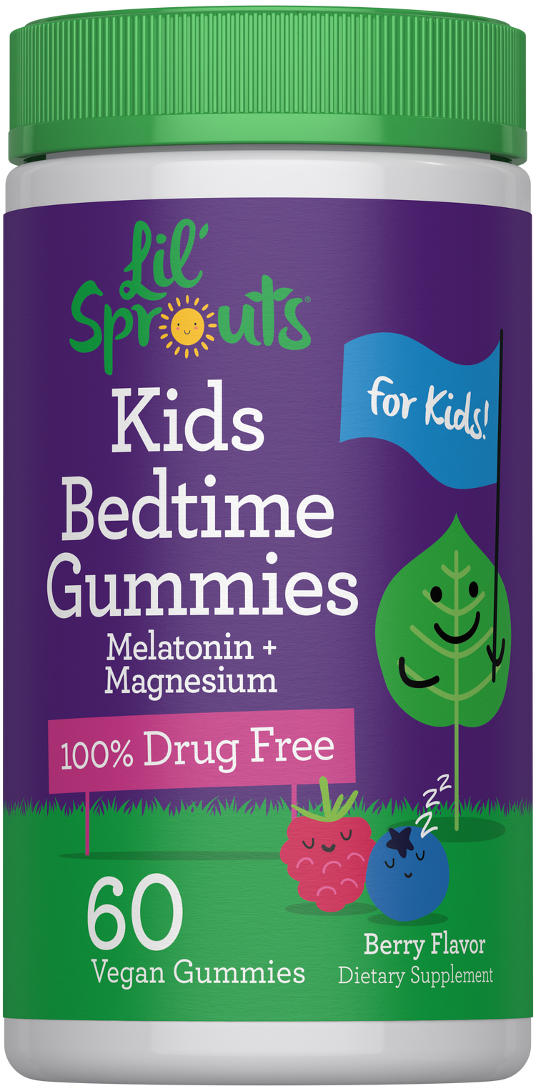 Lil' Sprouts Kids Bedtime Gummies with Melatonin and Magnesium, berry flavor, 60 vegan gummies, 100% drug-free dietary supplement.